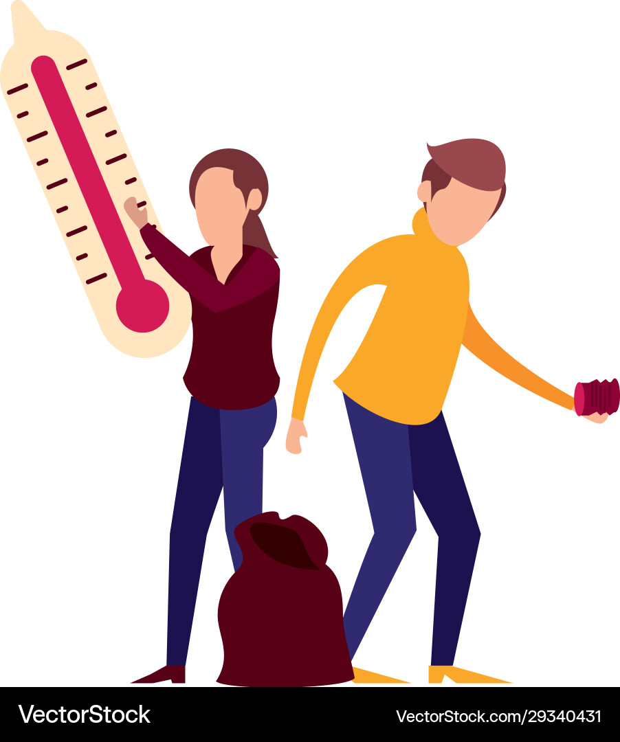 Couple lifting thermometer and garbage plastic bag Couple lifting thermometer and garbage plastic bag vector image