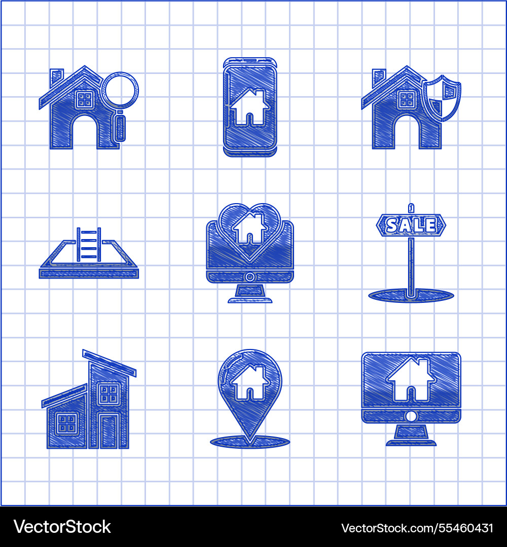 Set monitor with house in heart shape map pointer Set monitor with house in heart shape map pointer Vector Image