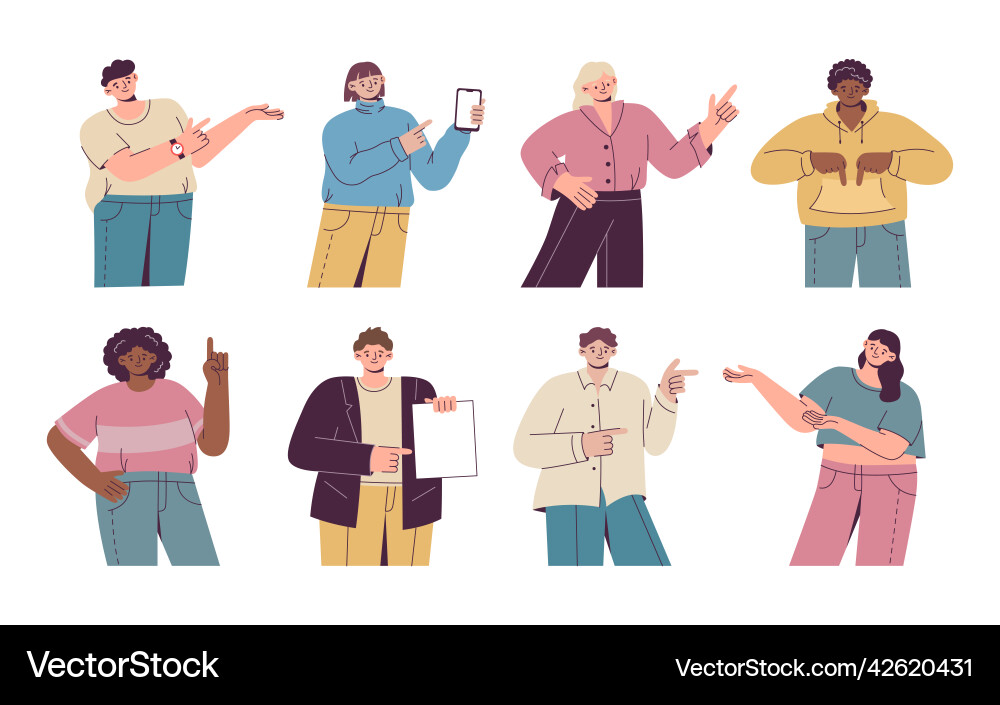 Smiling People Gesturing - Pointing & Showing Vector Image