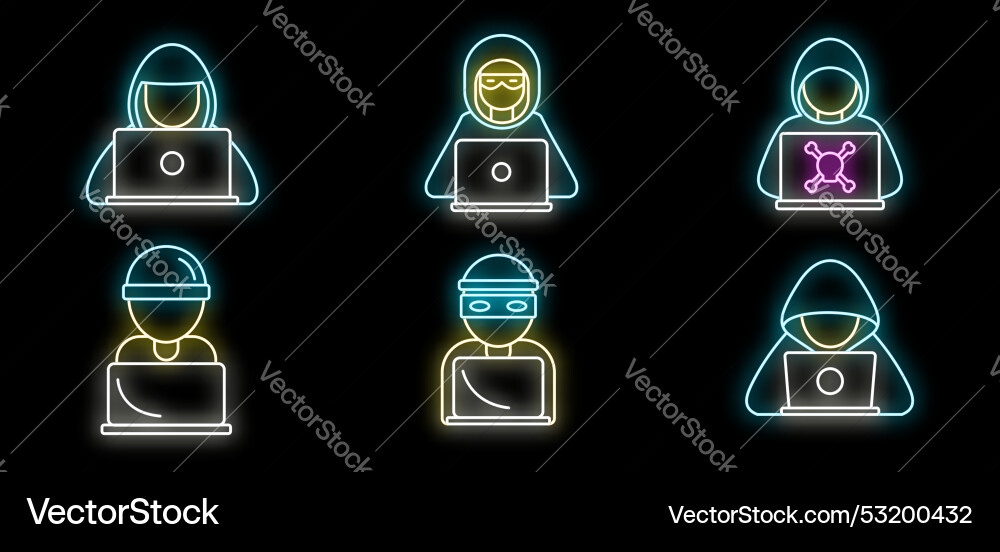 Neon hackers committing cyber crimes using laptops Neon hackers committing cyber crimes using laptops vector image