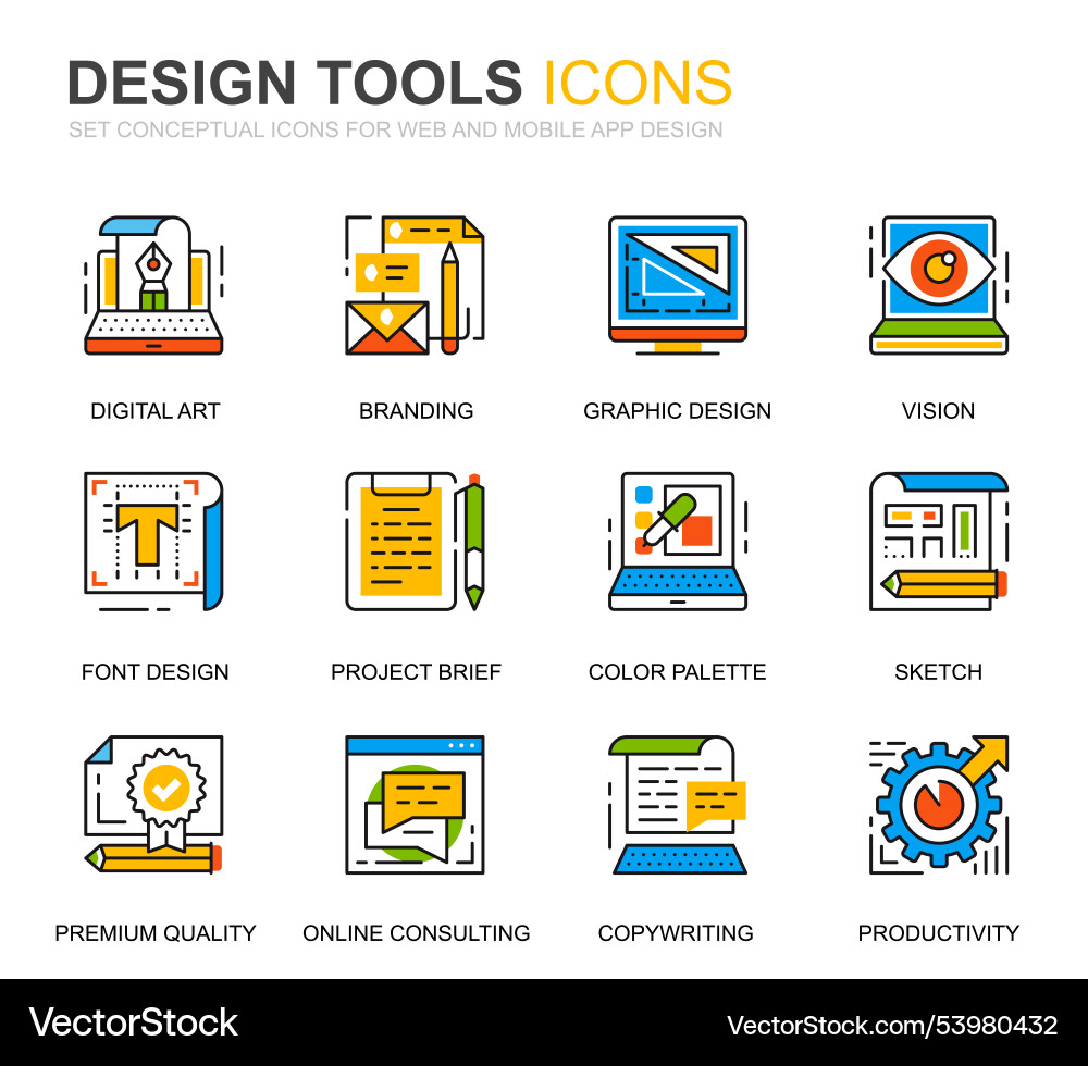 Simple set design tools line icons for website Vector Image