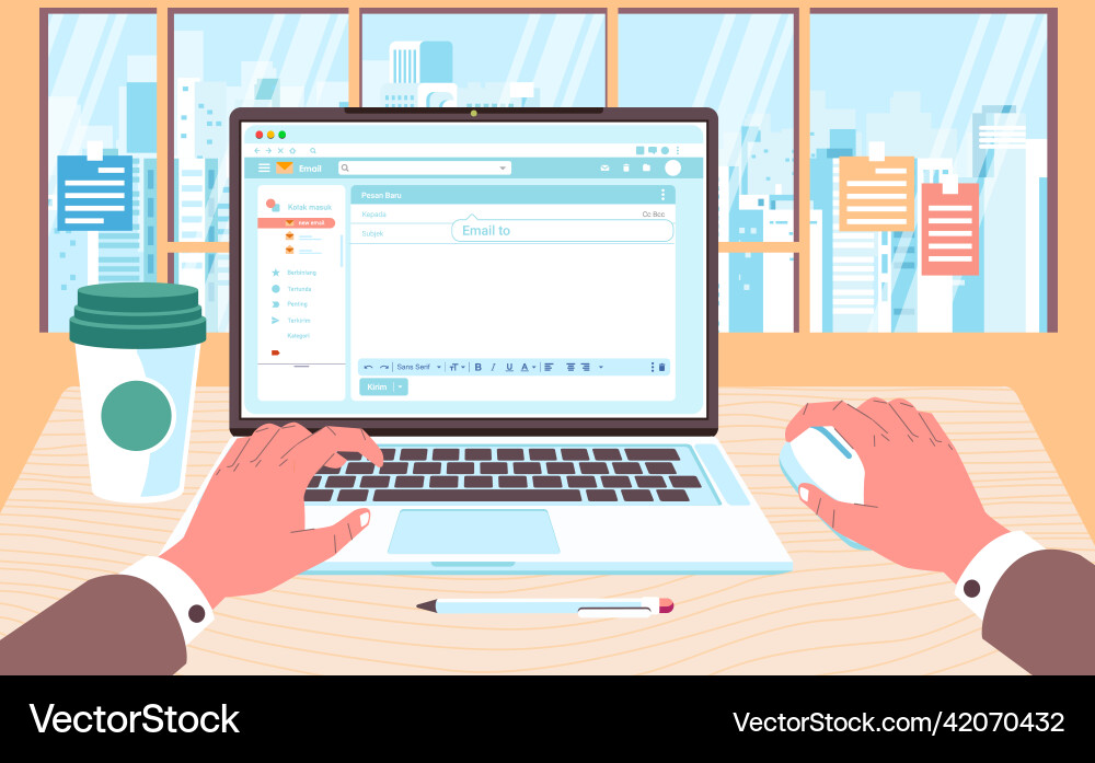 Working desk in front of the window hand Vector Image