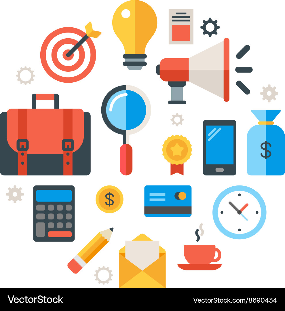 Business objects and icons in the shape of circle Vector Image
