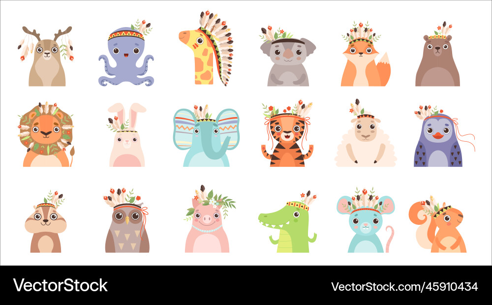 Indian tribal animal faces set fox bear octopus Indian tribal animal faces set fox bear octopus vector image