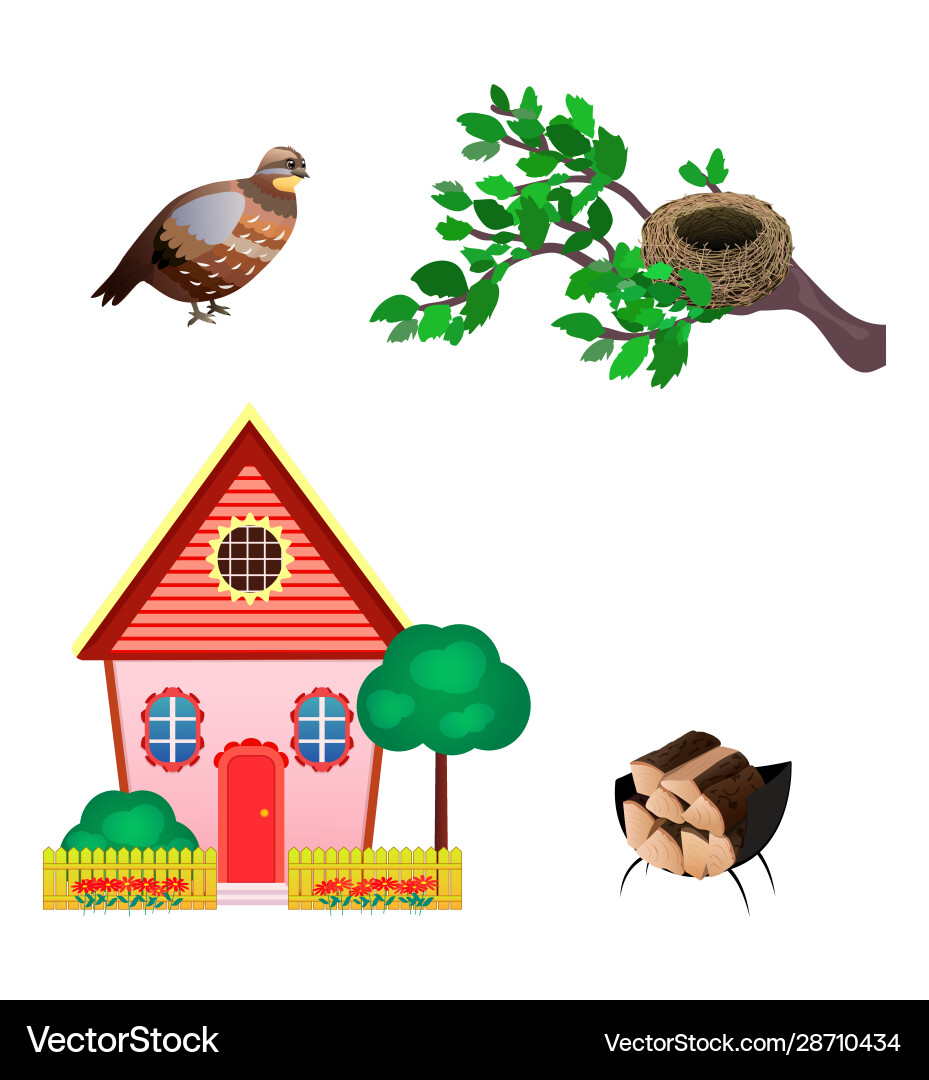 Set icons of quail nest house wood isolated Vector Image