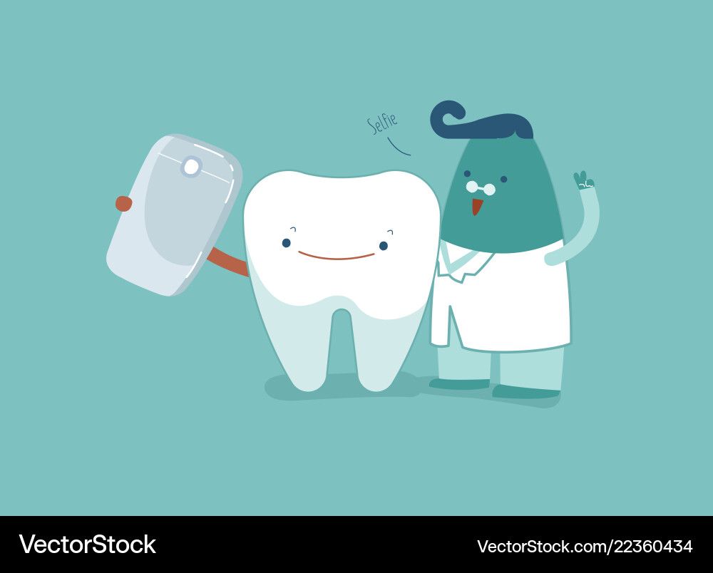 Tooth and dentist selfie with smartphone together Tooth and dentist selfie with smartphone together vector image