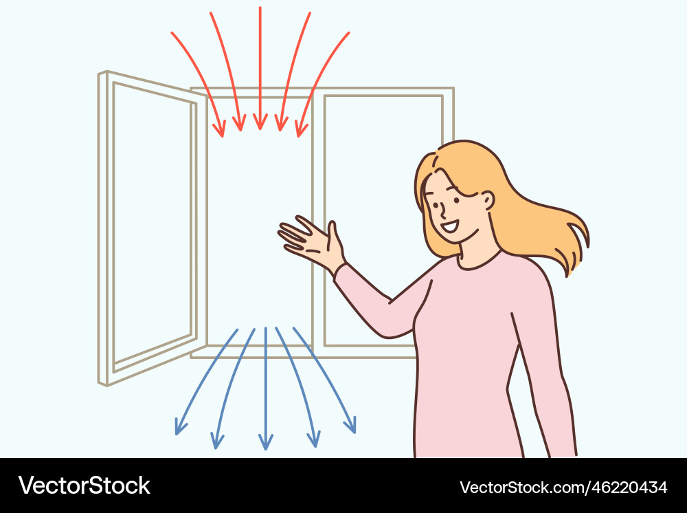 Woman points to open window recommending regular Woman points to open window recommending regular Vector Image