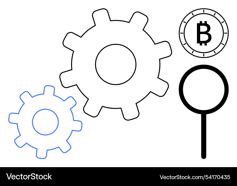 Interlocking gears bitcoin symbol and magnifying Interlocking gears bitcoin symbol and magnifying vector image