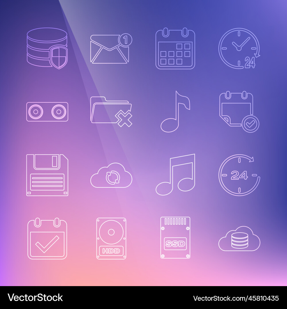 Set line cloud database clock 24 hours calendar Set line cloud database clock 24 hours calendar vector image
