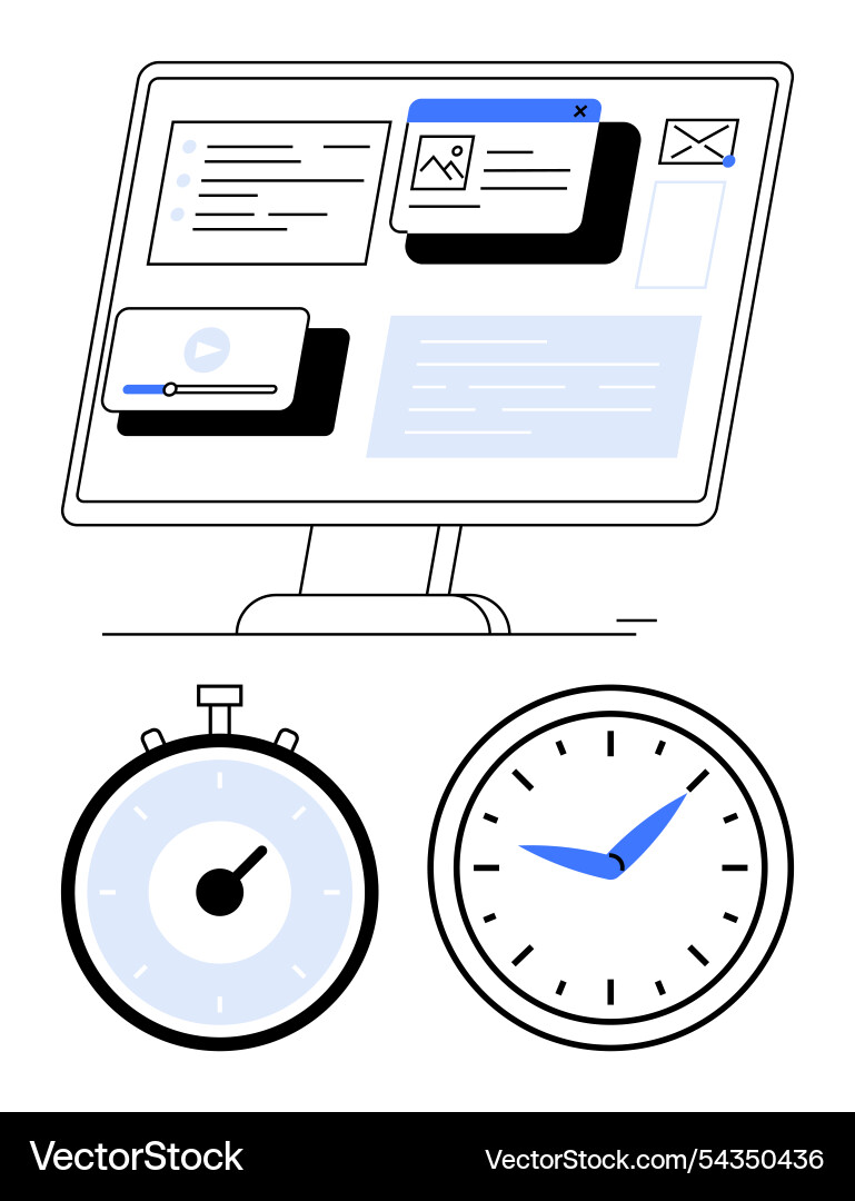 Digital workspace with clocks highlighting time Digital workspace with clocks highlighting time vector image