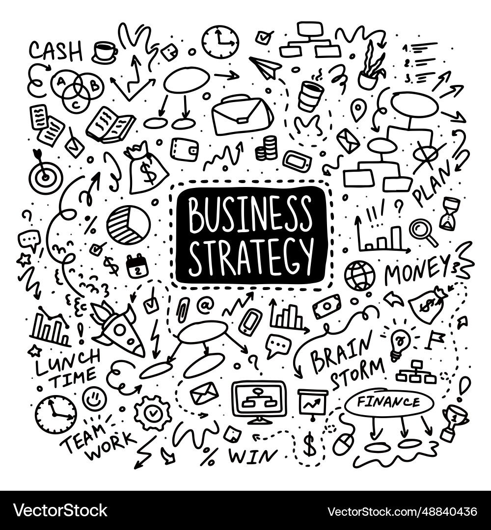 Hand drawn business strategy doodles icons set Hand drawn business strategy doodles icons set vector image