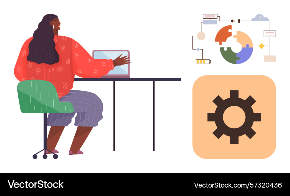 Woman using laptop with workflow chart puzzle Vector Image
