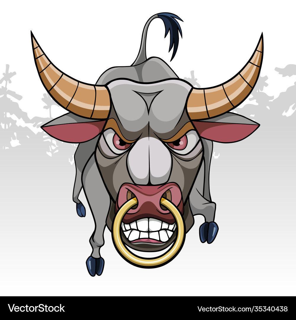 Cartoon angry bull with a nose ring on gray Cartoon angry bull with a nose ring on gray vector image