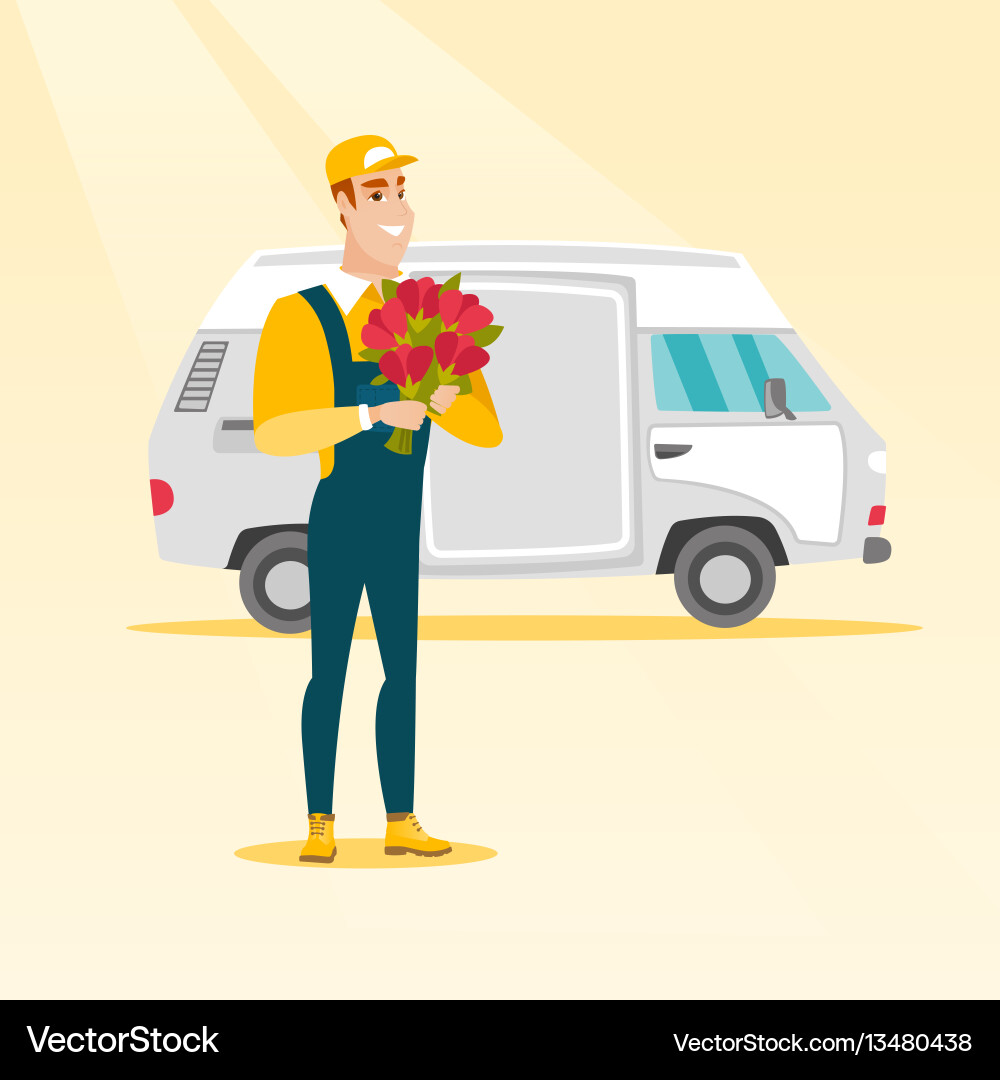 Delivery courier holding bouquet of flowers Delivery courier holding bouquet of flowers vector image