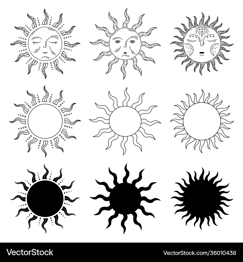 Set 3 sun in retro style line art and simple Set 3 sun in retro style line art and simple vector image