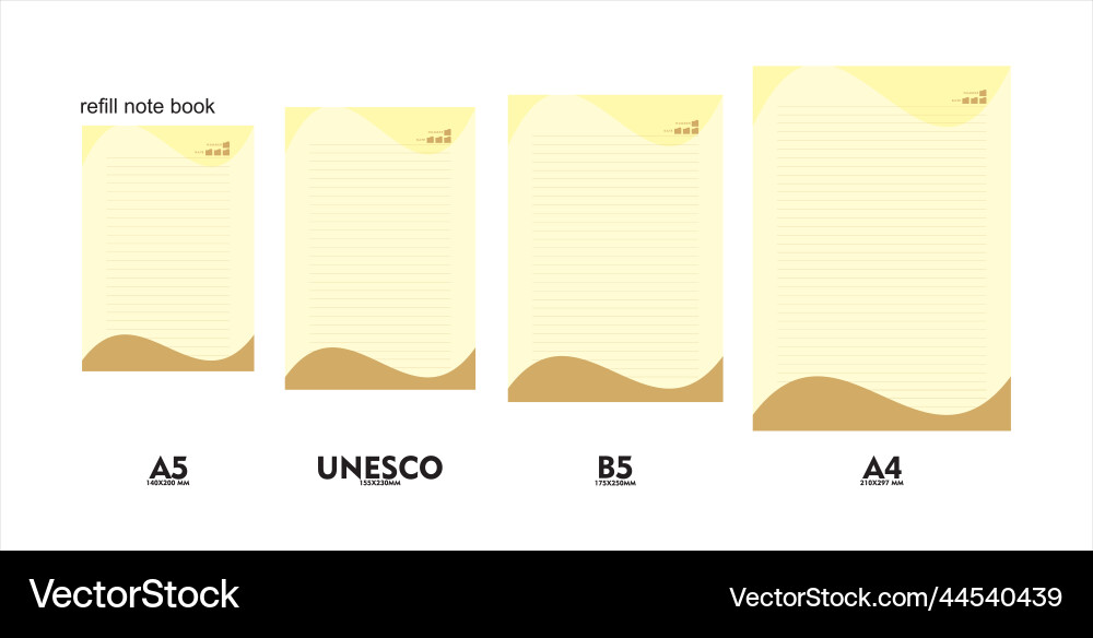 Design of note book refills in sizes a5 a4 b5 Design of note book refills in sizes a5 a4 b5 Vector Image