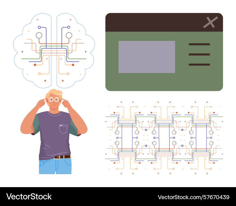 Man exploring artificial intelligence with neural Man exploring artificial intelligence with neural vector image