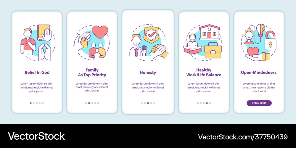 Personal values onboarding mobile app page screen Personal values onboarding mobile app page screen Vector Image