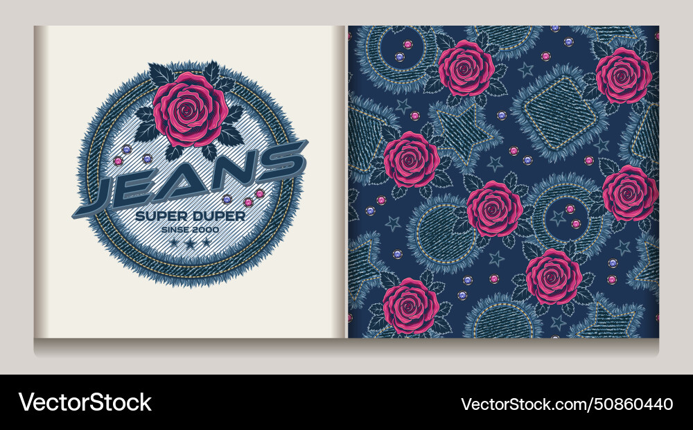 Label pattern with denim patches roses gems Vector Image