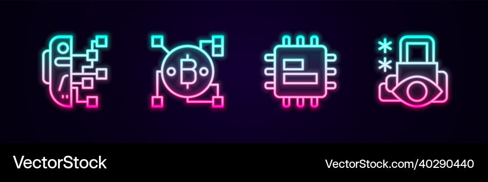 Set line humanoid robot blockchain technology Vector Image