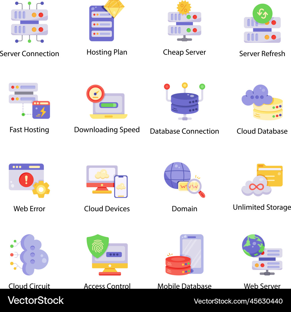 Set of data hosting flat icons vector image