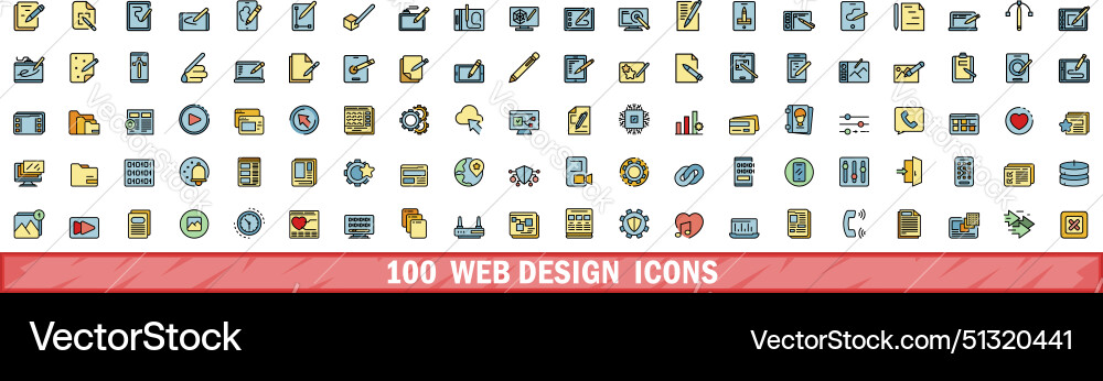 100 web design icons set color line style 100 web design icons set color line style vector image