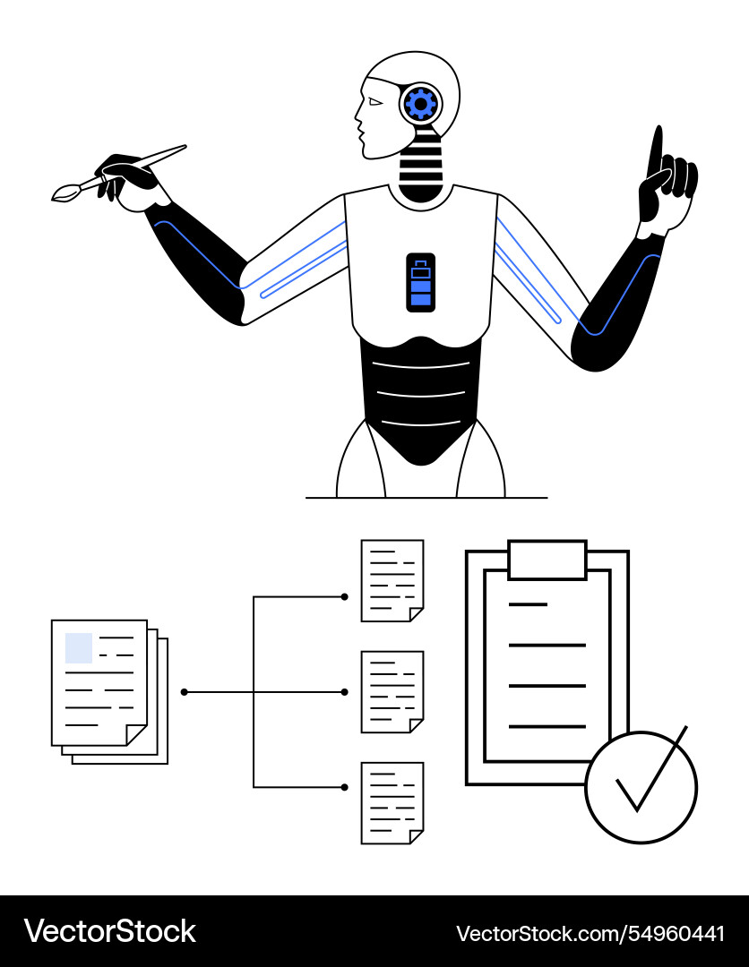 Ai robot managing data tasks with flowchart Ai robot managing data tasks with flowchart vector image