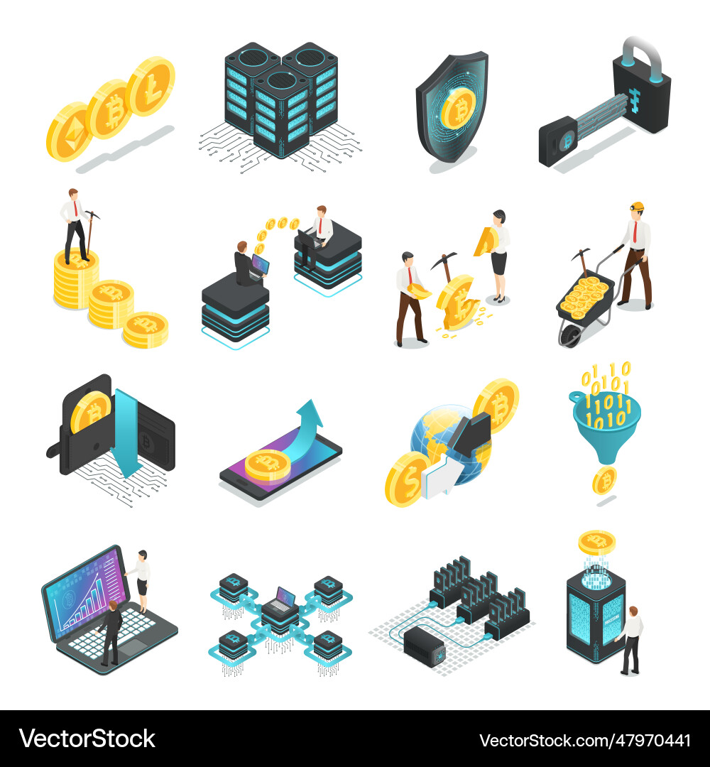 Isometric blockchain safe global network vector image