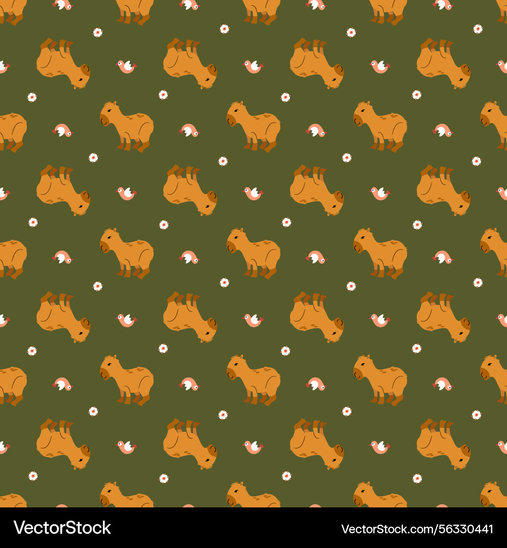 Whimsical pattern with capybara and birds vector image