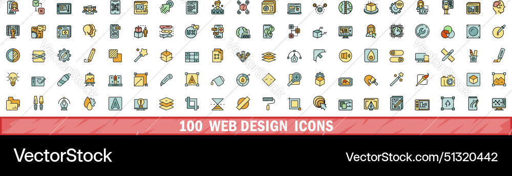 100 web design icons set color line style 100 web design icons set color line style vector image