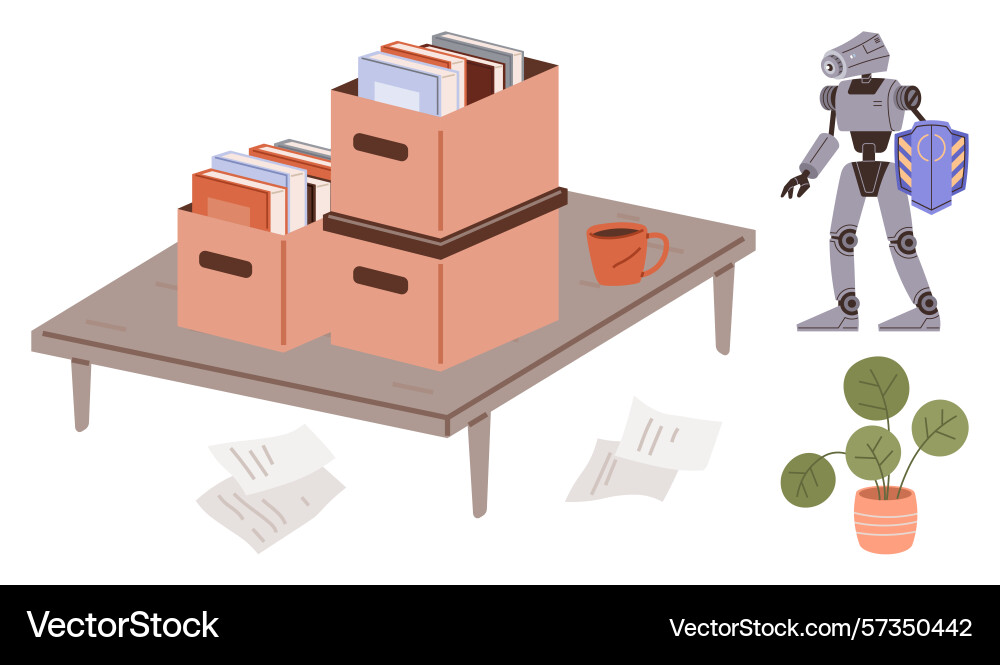 Robot with shield near table boxes of books Robot with shield near table boxes of books vector image