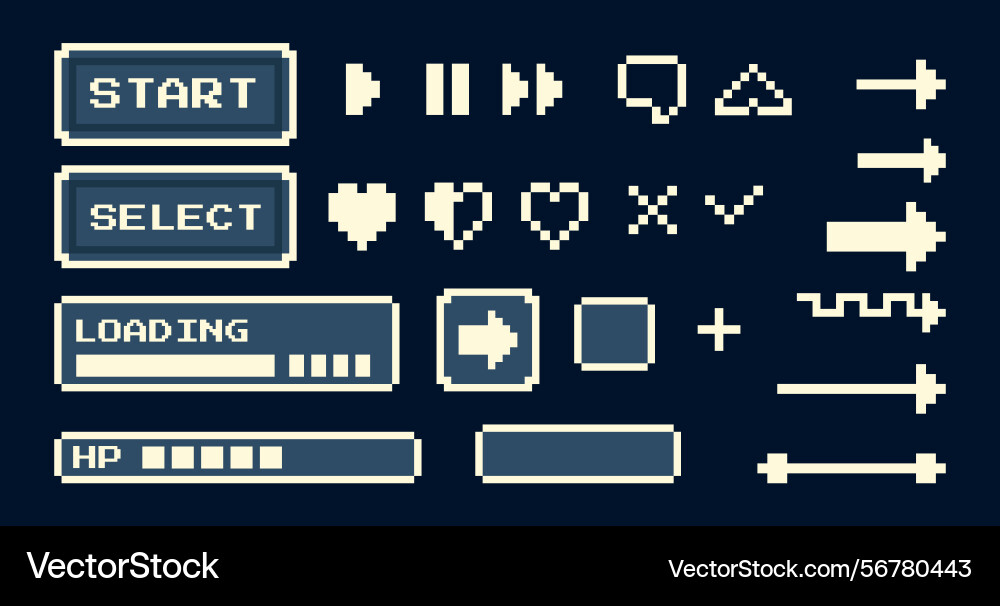 Game ui elements set retro pixel with start Game ui elements set retro pixel with start vector image