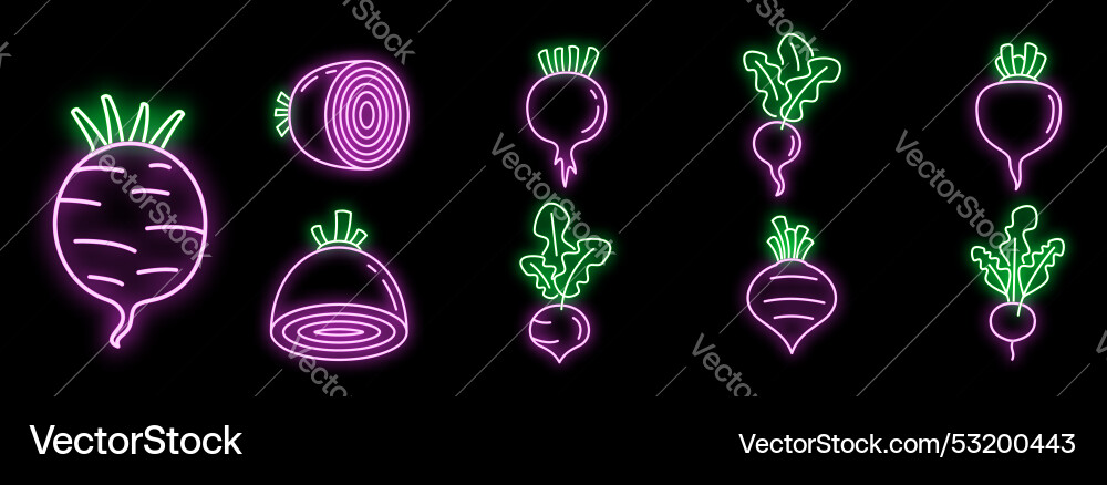 Neon icon set showing beetroots with and without Neon icon set showing beetroots with and without vector image