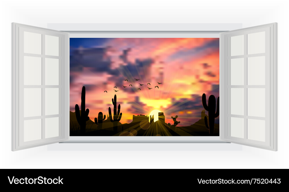 Opens window in room with view of cactus tree Vector Image