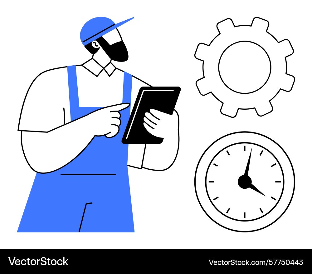 Worker in overalls using tablet with gear vector image