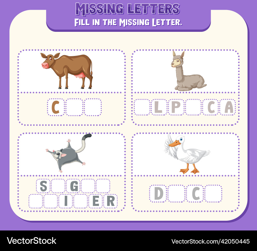 Fill the missing letter of each word worksheet Vector Image