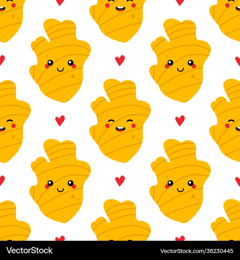 Ginger roots characters and hearts pattern Ginger roots characters and hearts pattern Vector Image