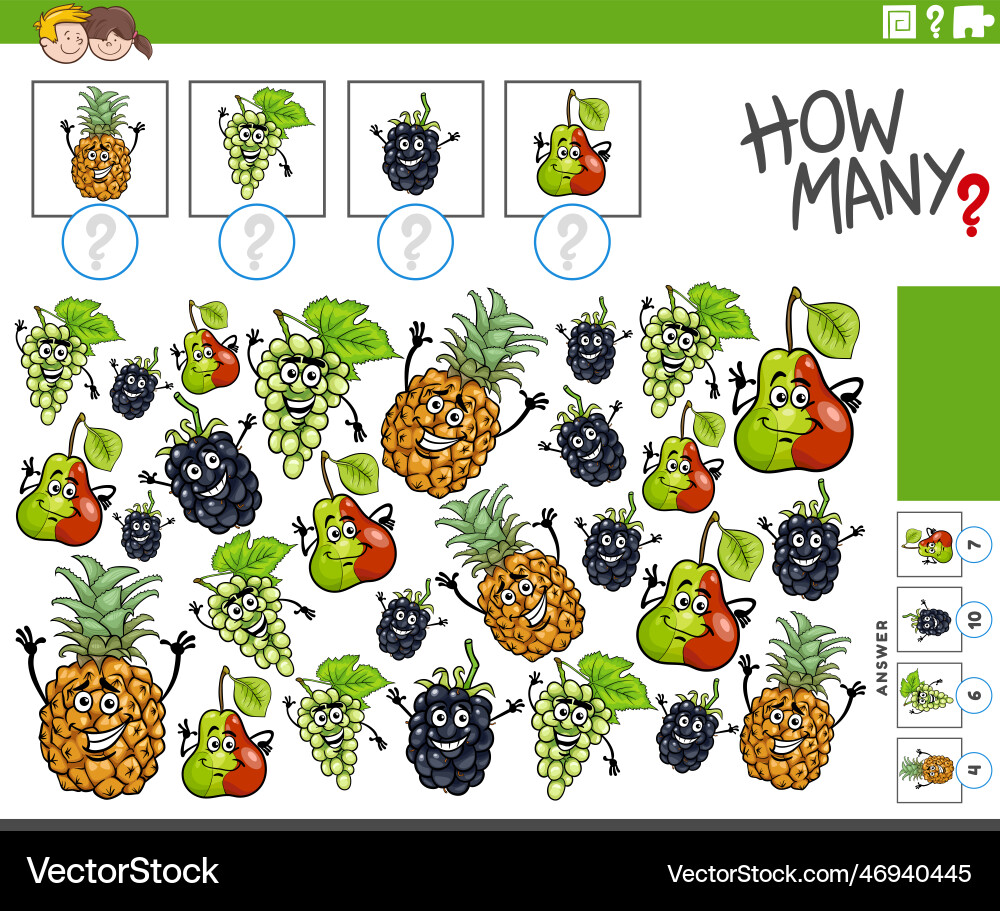 How many cartoon fruit characters counting task How many cartoon fruit characters counting task vector image