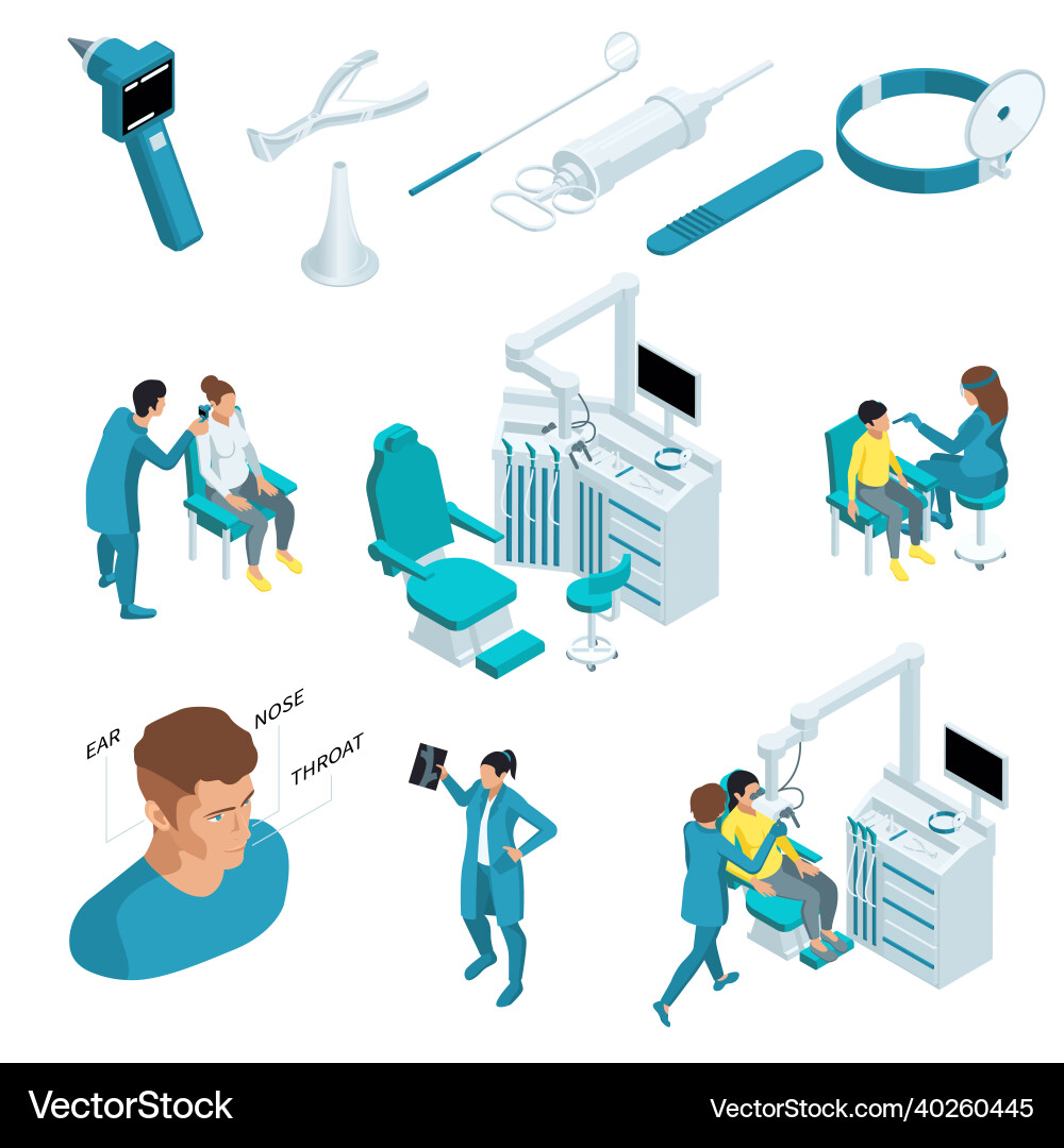 Otolaryngology isometric icon set vector image