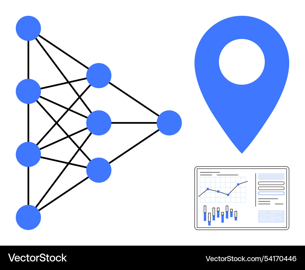 Neural network with data chart and location pin Neural network with data chart and location pin vector image