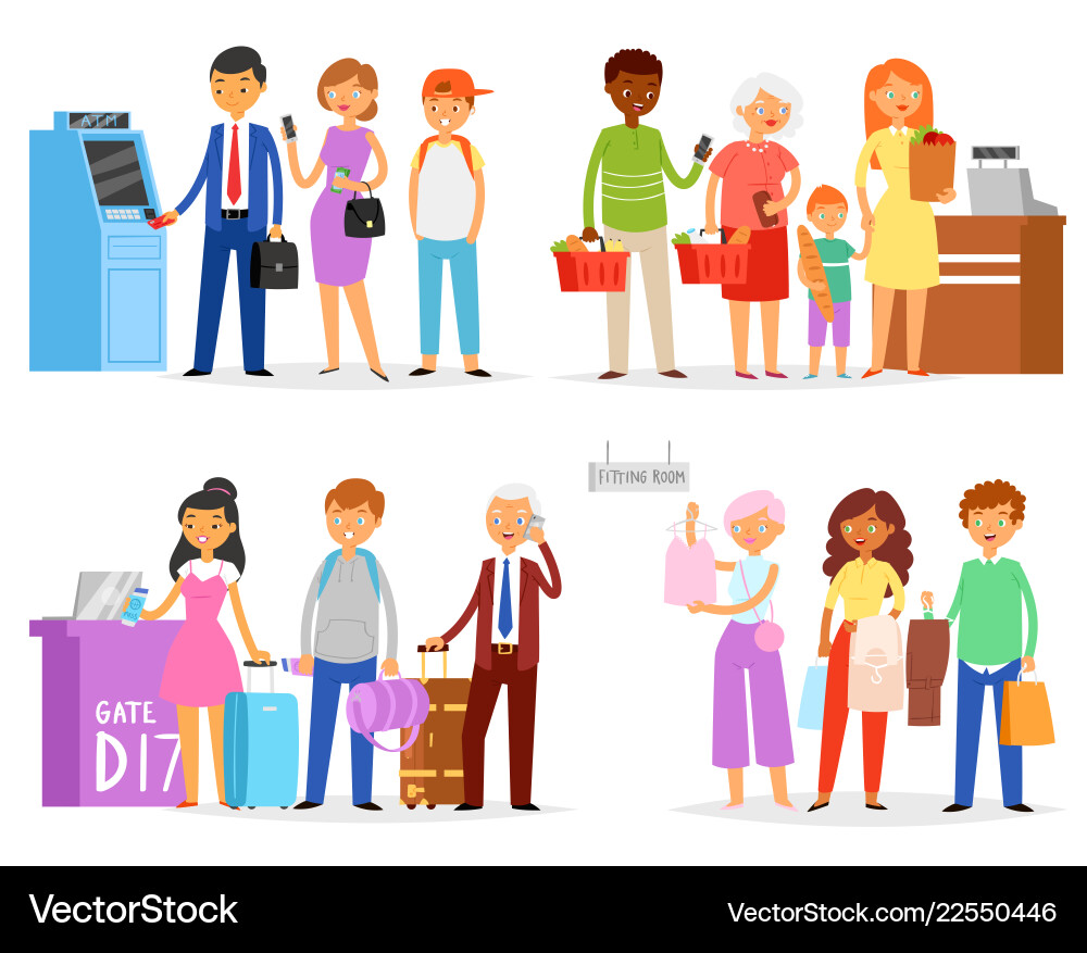 Queue people waiting line queuing in long Queue people waiting line queuing in long vector image
