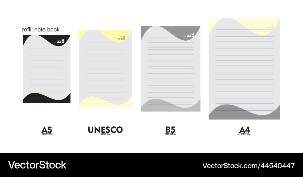 Design of note book refills in sizes a5 a4 b5 Design of note book refills in sizes a5 a4 b5 vector image