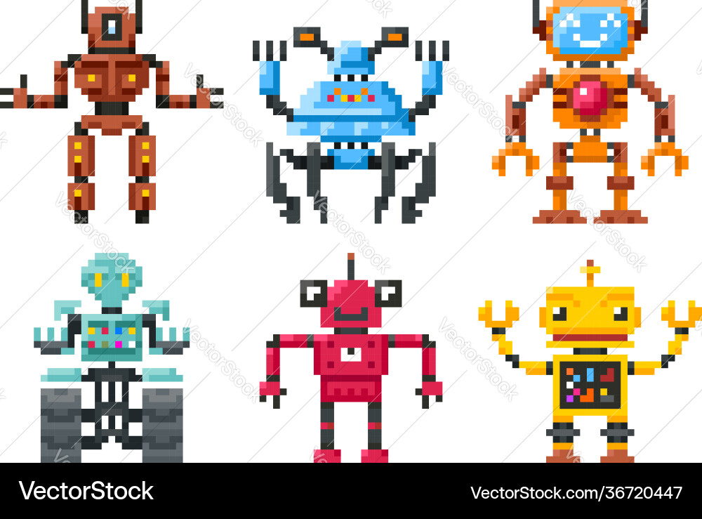 Pixel robots icons 8 bit bots isolated set Pixel robots icons 8 bit bots isolated set vector image
