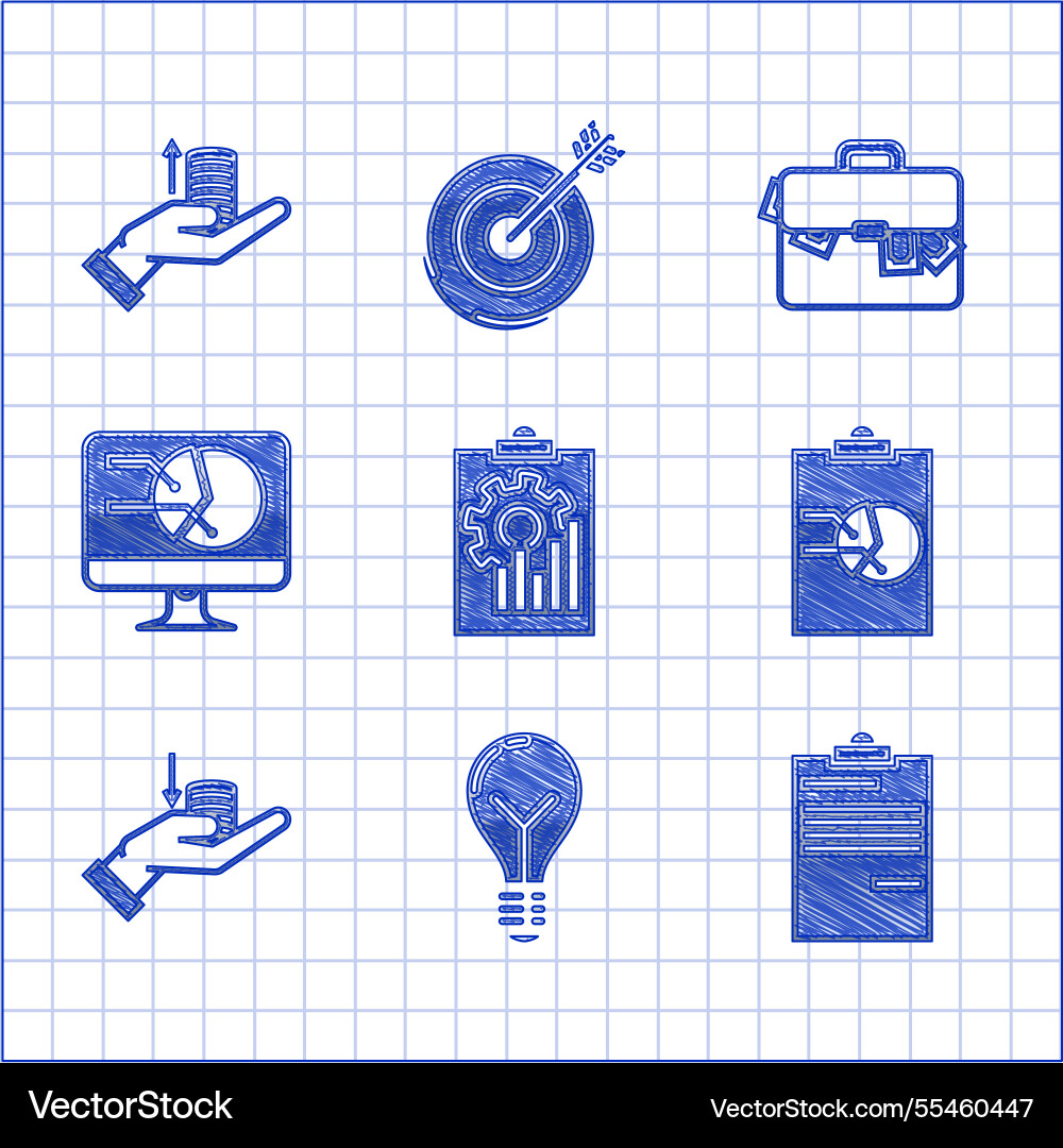 Set clipboard with graph chart light bulb concept vector image