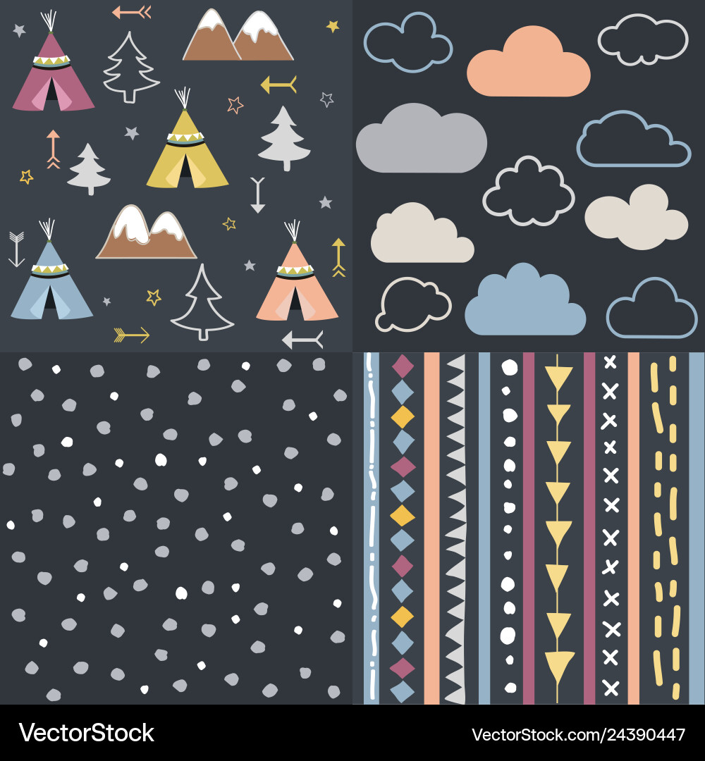 Teepees & Clouds Pattern Set vector image