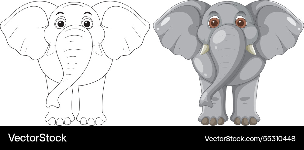 Adorable cartoon elephants in color and outline Adorable cartoon elephants in color and outline vector image