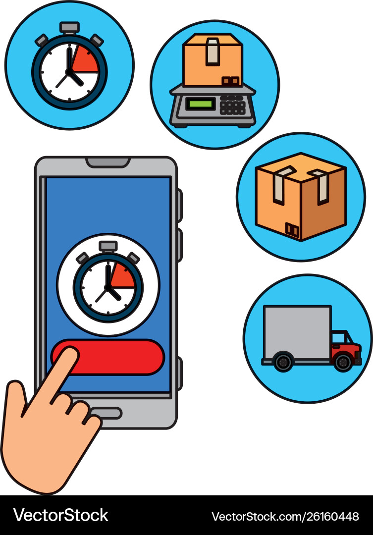 Hand using smartphone with delivery app and icons Hand using smartphone with delivery app and icons vector image