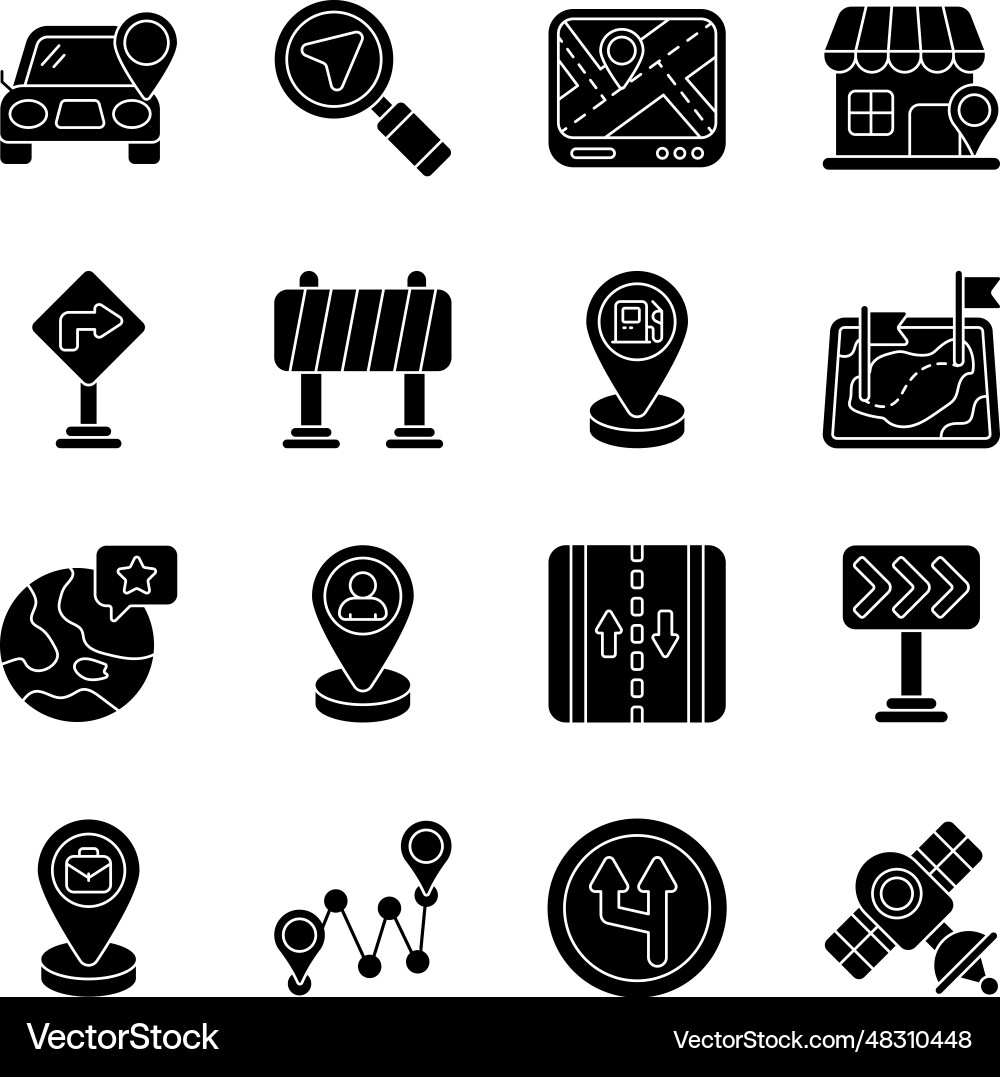 Pack of map and navigation solid icons vector image