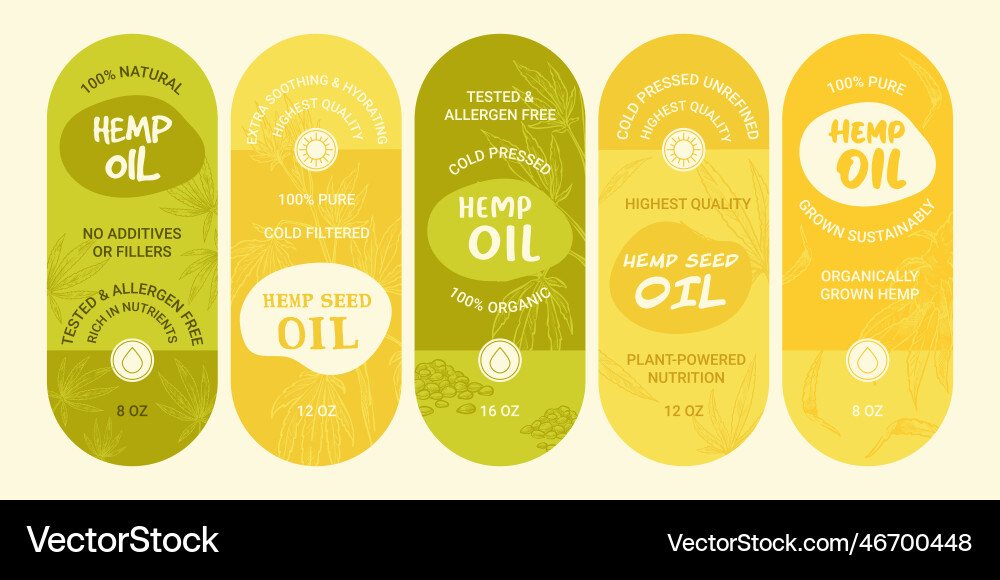Product package design set for hemp seed oil Product package design set for hemp seed oil vector image