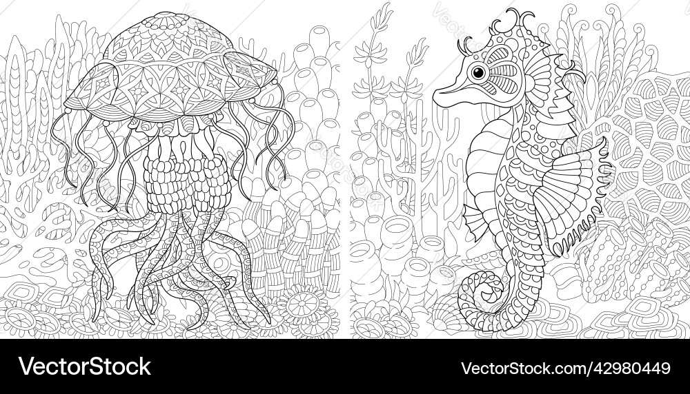 Coloring pages with jellyfish and seahorse Coloring pages with jellyfish and seahorse vector image